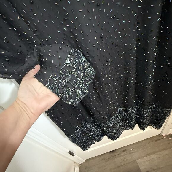 Party Dress Vintage Papell Boutique Beaded Floral Tiered Midi 22W Black NWT - Picture 3 of 10